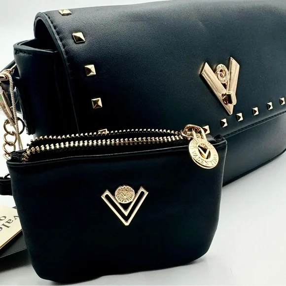 VALENTINO ORLANDI Black Studded Vegan Leather 2-way Hand & Shoulder Bag w Wallet - Picture 8 of 8